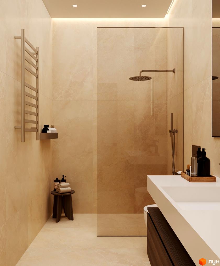 Дизайн ванної кімнати в житловому комплексі КМ NOA з душовою кабіною, раковиною та аксесуарами. Сучасний інтер'єр ванної кімнати.