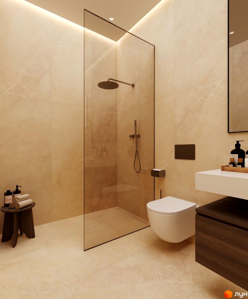 Сучасний дизайн ванної кімнати в житловому комплексі КМ NOA з душовою кабіною, унітазом та раковиною.