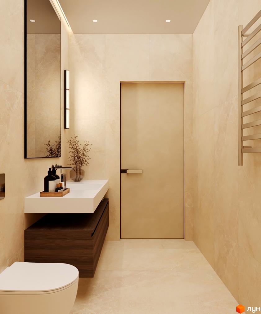 Інтер'єр ванної кімнати в житловому комплексі КМ NOA з підвісним унітазом, раковиною та дверима. Сучасний дизайн ванної кімнати.