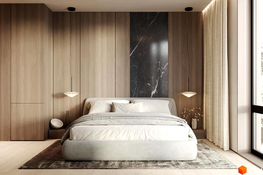 Спальня в стилі мінімалізм з дерев'яними панелями та мармуровою вставкою. Ліжко з білою постіллю, приліжкові лампи, килим.