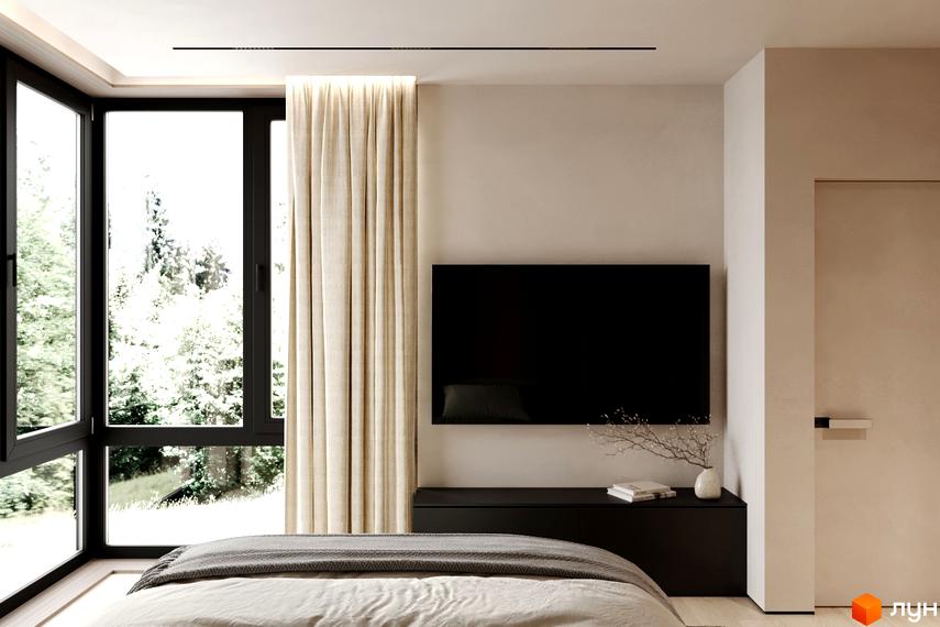 Інтер'єр спальні в житловому комплексі КМ NOA з великим вікном та видом на дерева. Сучасний дизайн кімнати з мінімалістичними меблями.
