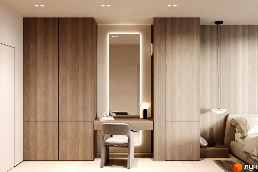 Інтер'єр спальні з вбудованими шафами та туалетним столиком з дзеркалом. Комплекс КМ NOA.
