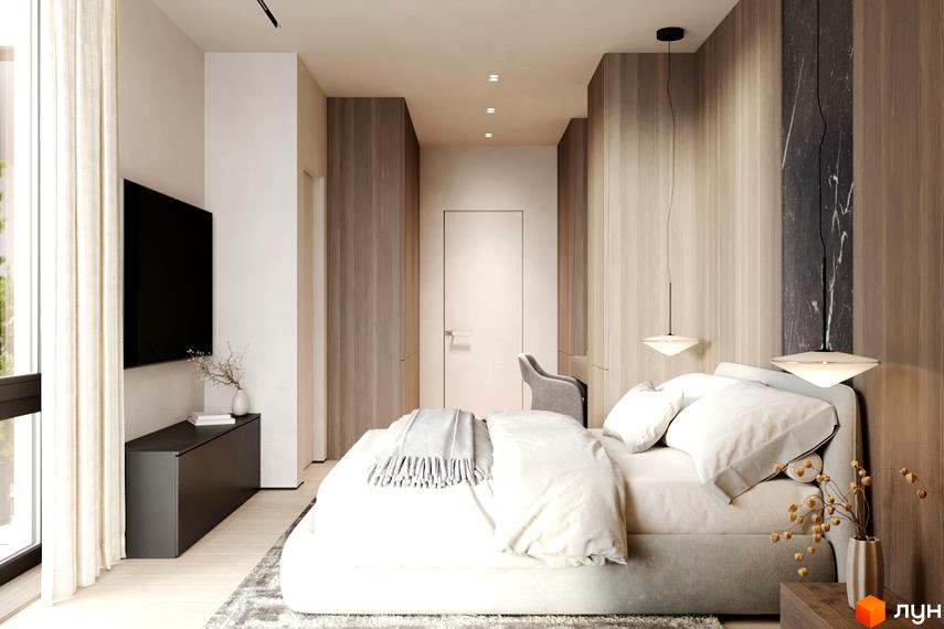 Спальня в новобудові КМ NOA з двоспальним ліжком, телевізором та шафами. Дизайн інтер'єру виконаний в спокійних тонах з дерев'яними елементами.