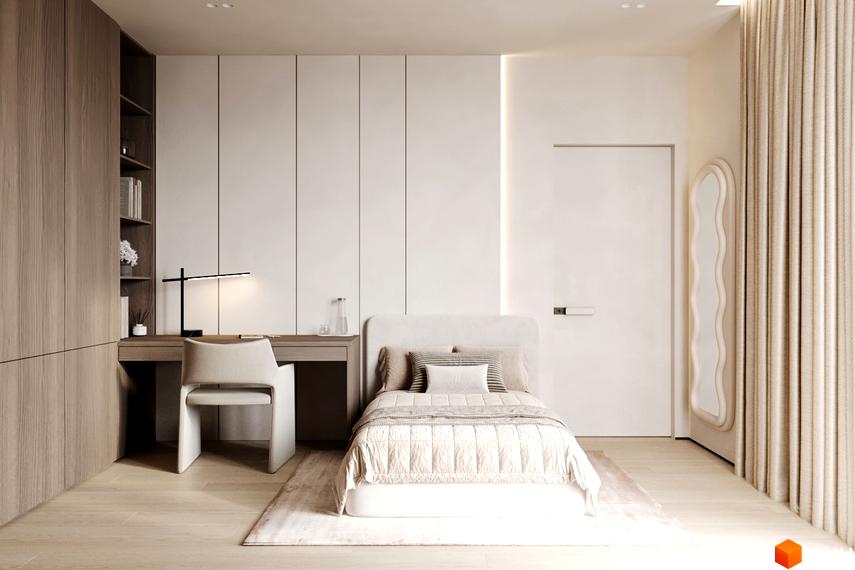 Інтер'єр спальні в житловому комплексі КМ NOA з ліжком, письмовим столом та шафою. Світлі тони та мінімалістичний дизайн.