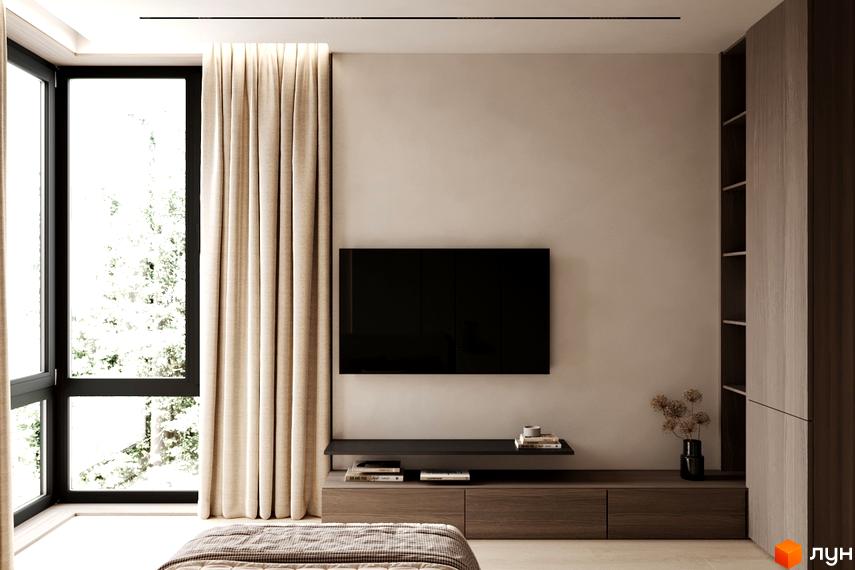 Інтер'єр спальні в новобудові КМ NOA з великим вікном та шторами. Сучасний дизайн вітальні з телевізором та меблями.
