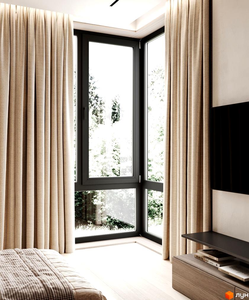 Інтер'єр спальні з великим кутовим вікном та шторами в ЖК КМ NOA. Вікно виходить на зелену зону з деревами.