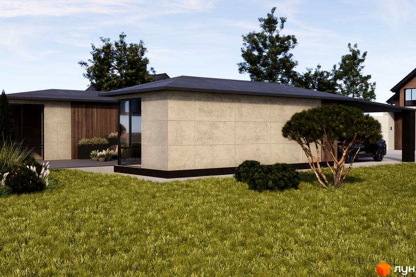 Котеджне містечко КМ NOA: одноповерховий будинок з великими вікнами та світлою фасадною плиткою, навколо зелений газон та дерева.