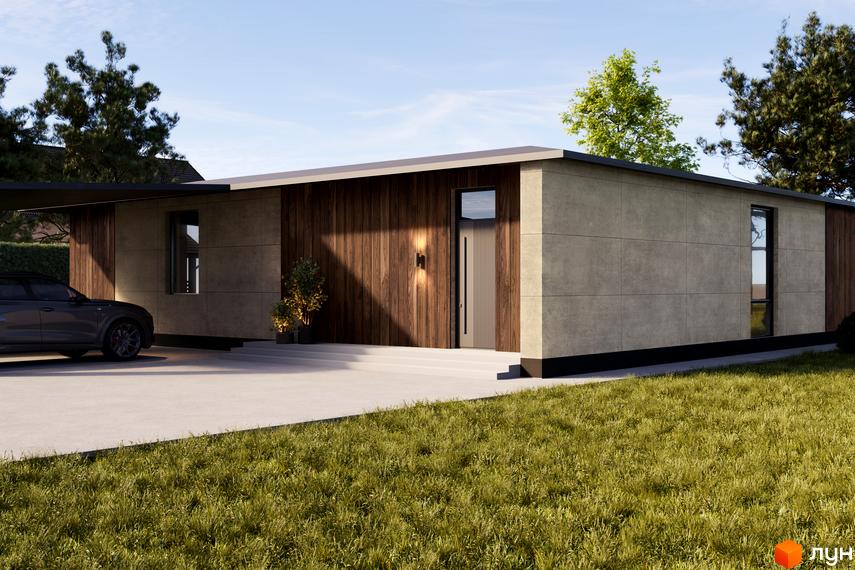 Котеджне містечко КМ NOA: одноповерховий будинок з дерев'яним та бетонним фасадом, навіс для авто, доглянута галявина. Опис новобудови.