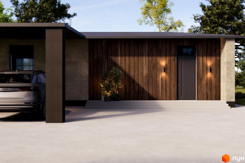 Зовнішній вигляд будинку КМ NOA з дерев'яною обшивкою та прибудинковою територією з автомобілем. Новобудова з сучасним дизайном.