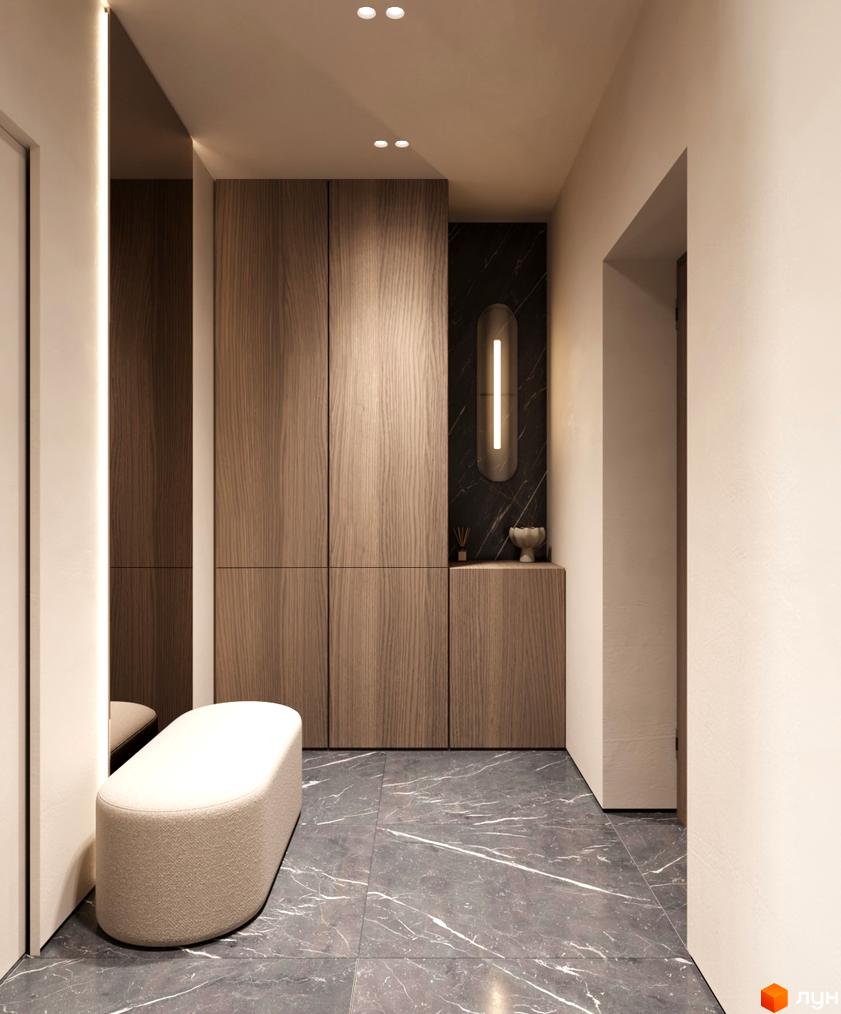 Вітальня КМ NOA з дерев'яними фасадами та мармуровою підлогою. Стильний дизайн інтер'єру новобудови.