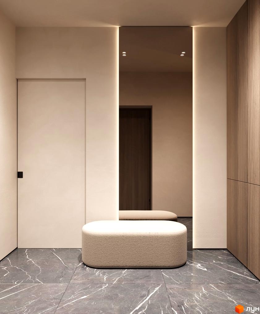 Передпокій з пуфом та дзеркалом в новобудові КМ NOA. Сіра мармурова плитка на підлозі та дерев'яні панелі на стіні.