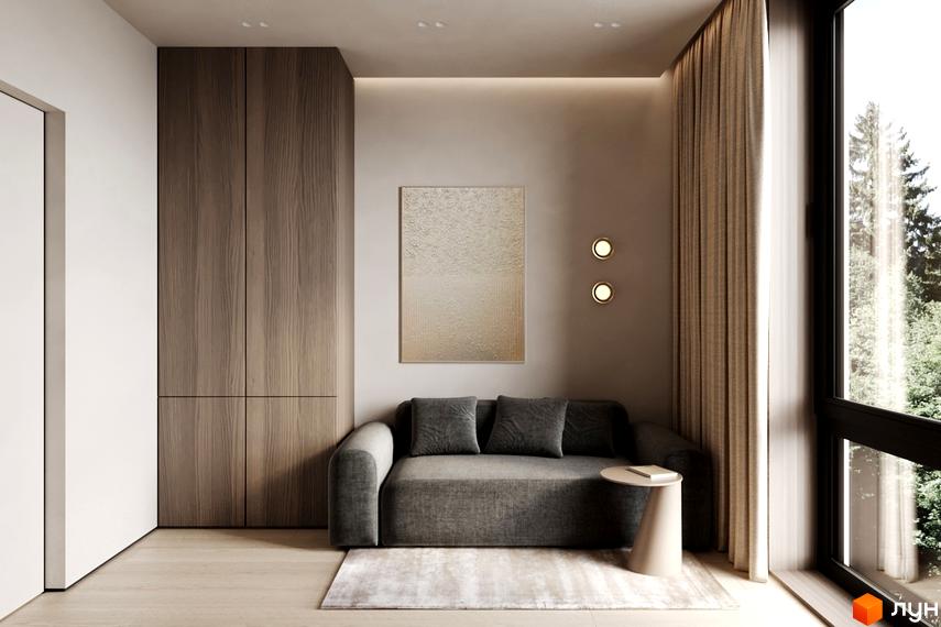 Інтер'єр вітальні в житловому комплексі КМ NOA з диваном, картиною та великим вікном з видом на ліс.