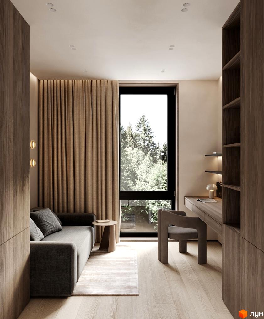 Інтер'єр квартири в житловому комплексі КМ NOA з диваном, робочим столом та великим вікном з видом на дерева. Сучасний дизайн та функціональне планування.