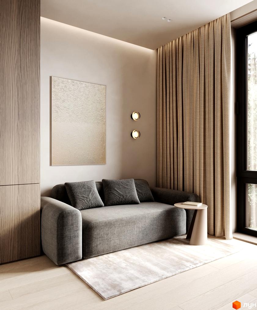 Вітальня в КМ NOA з сірим диваном, картиною на стіні та шторами біля вікна. Сучасний дизайн інтер'єру.