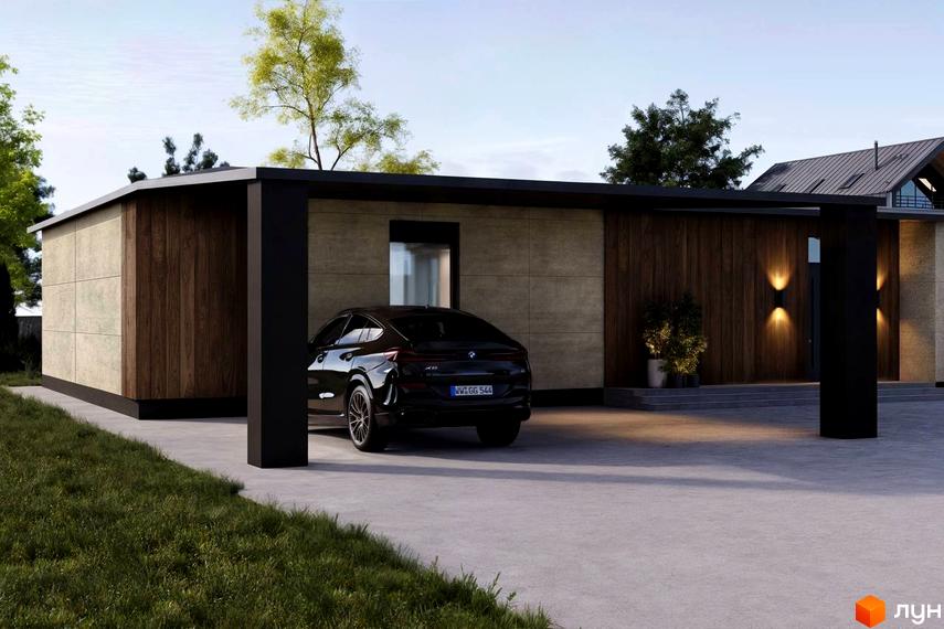 Котеджне містечко КМ NOA: будинок з дерев'яними та бетонними панелями, навіс для авто, прибудинкова територія з газоном. Новобудова біля будинку.