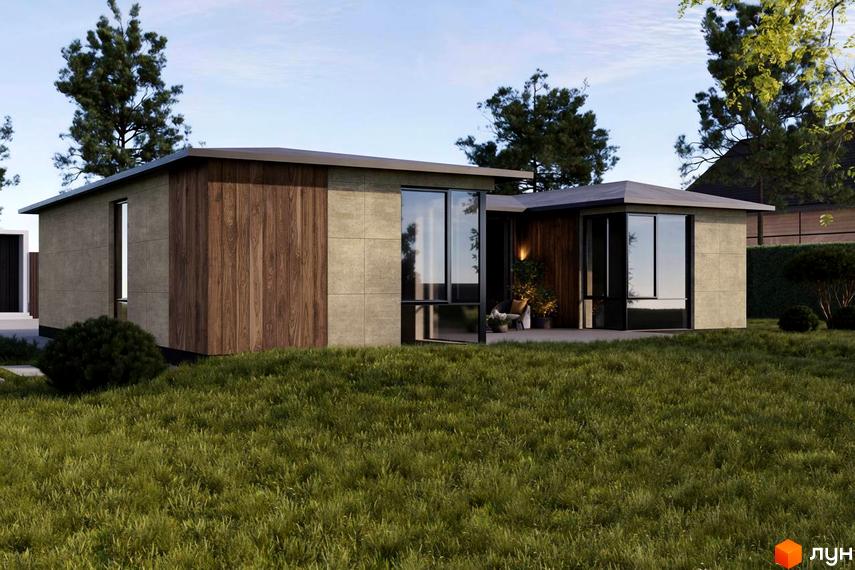 Котеджне містечко КМ NOA: одноповерховий будинок з дерев'яним та кам'яним оздобленням, великими вікнами, на тлі зеленої галявини та дерев.