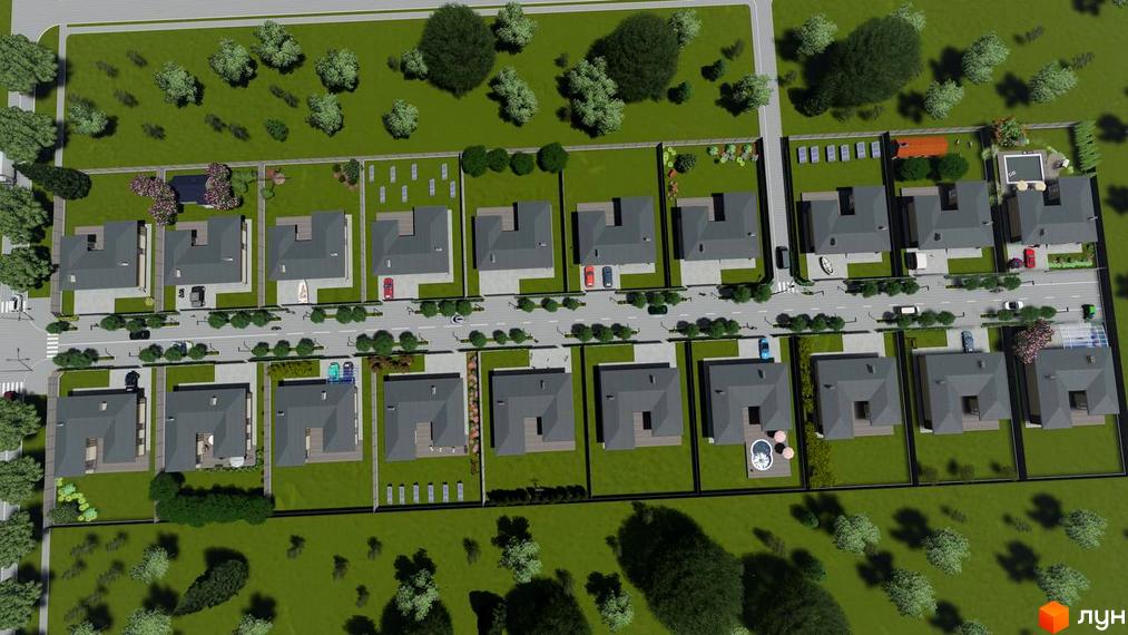 Котеджне містечко КМ NOA: вид зверху на одноповерхові будинки з сірими дахами та прибудинковою територією з газоном та деревами.