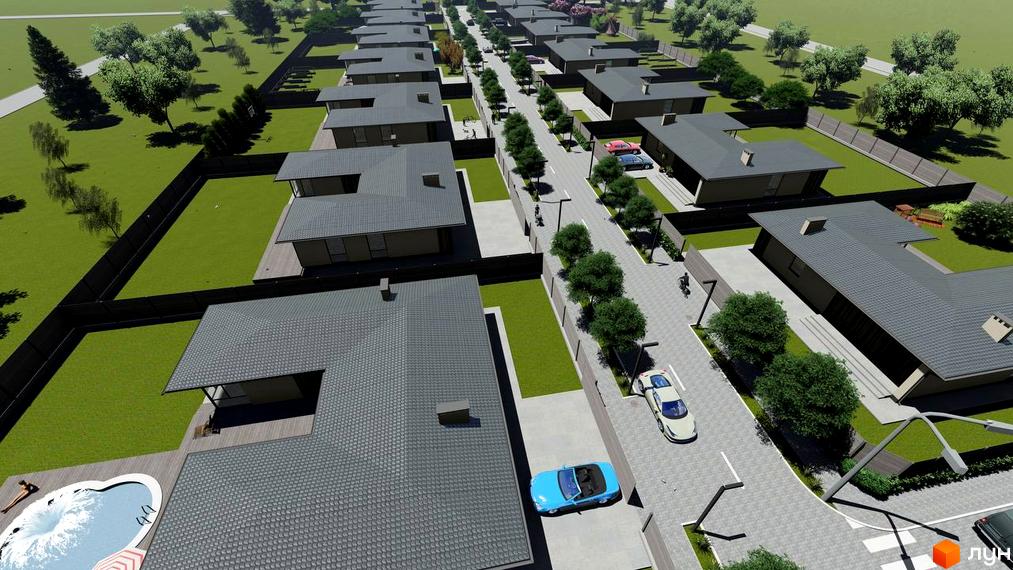 Котеджне містечко NOA: візуалізація сучасних будинків з сірими дахами та доглянутою прибудинковою територією з басейном та зеленими насадженнями.