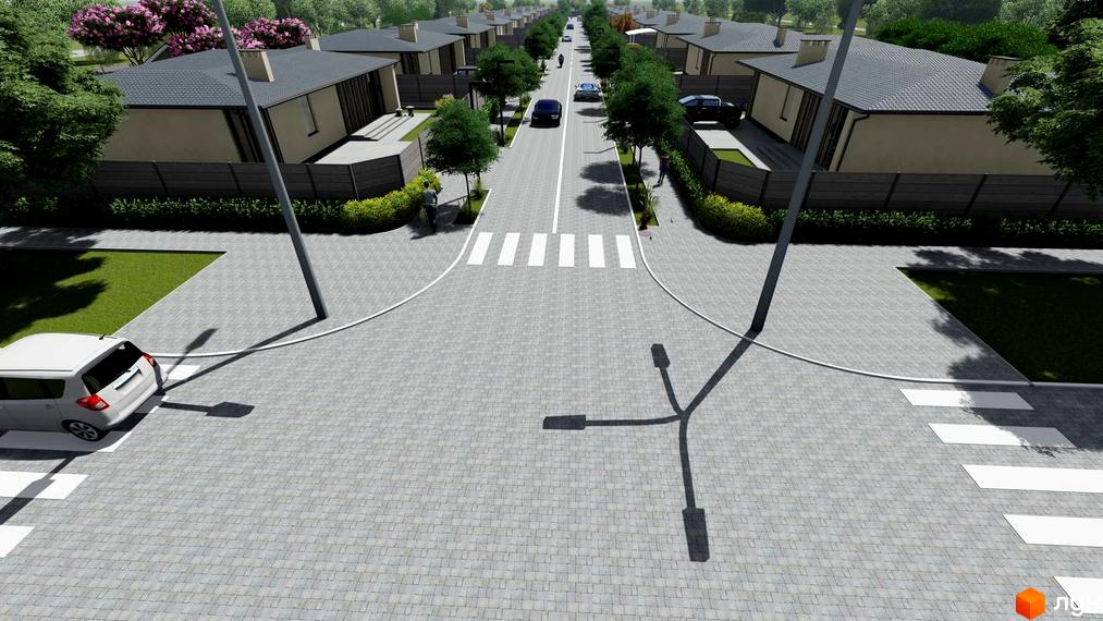 Котеджне містечко NOA: вулиця з будинками та пішохідним переходом. Прибудинкова територія з газоном та деревами.