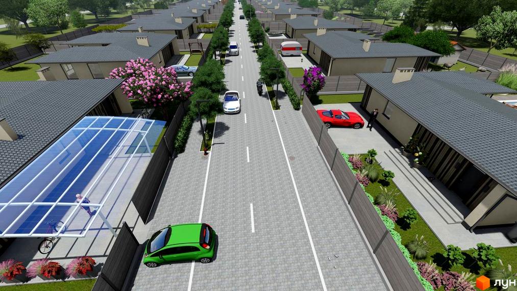 Котеджне містечко КМ NOA: одноповерхові будинки з сірими дахами та прибудинковою територією з доглянутими газонами та парканами. На вулиці розташовані автомобілі та дерева.