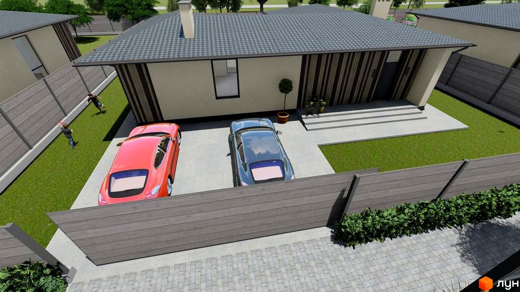 Котеджне містечко КМ NOA: одноповерховий будинок з сірим дахом, дерев'яним фасадом та прибудинковою територією з паркуванням та зеленим газоном.