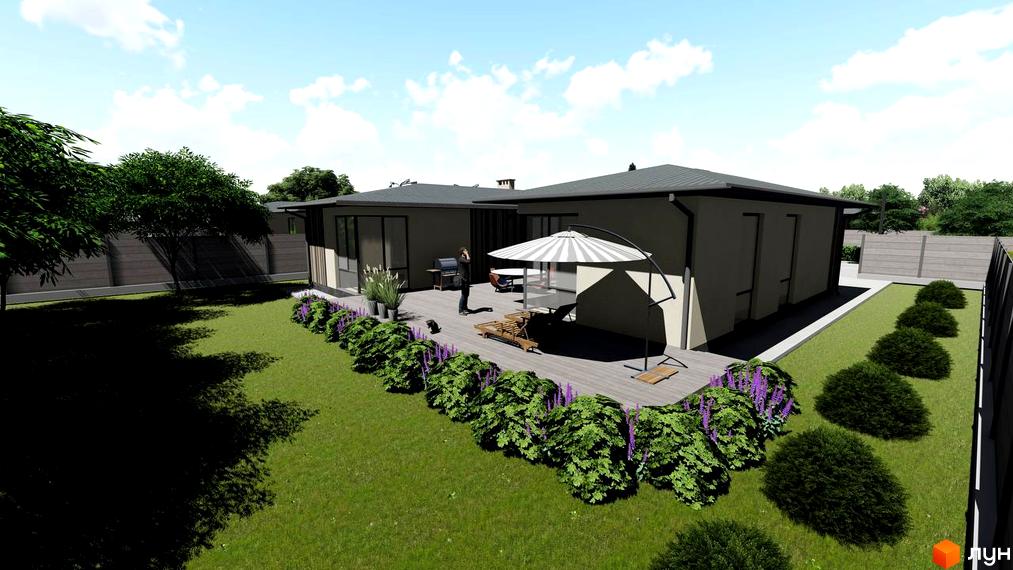 Котеджне містечко KM NOA: одноповерховий будинок з терасою, барбекю та зоною відпочинку. Навколо будинку доглянутий газон, кущі та квіти.