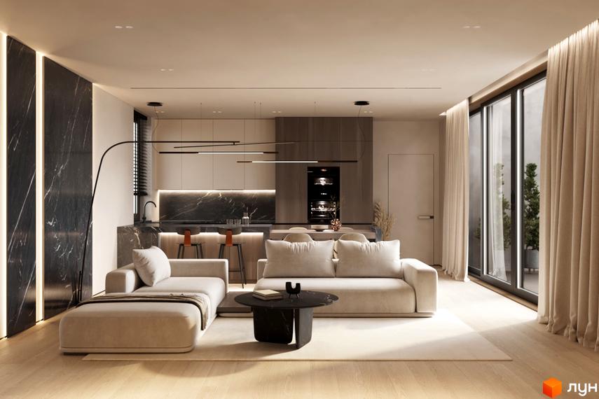 Інтер'єр вітальні та кухні в житловому комплексі КМ NOA. Простора вітальня з диванами та журнальним столиком, сучасна кухня з барною стійкою та вбудованою технікою.