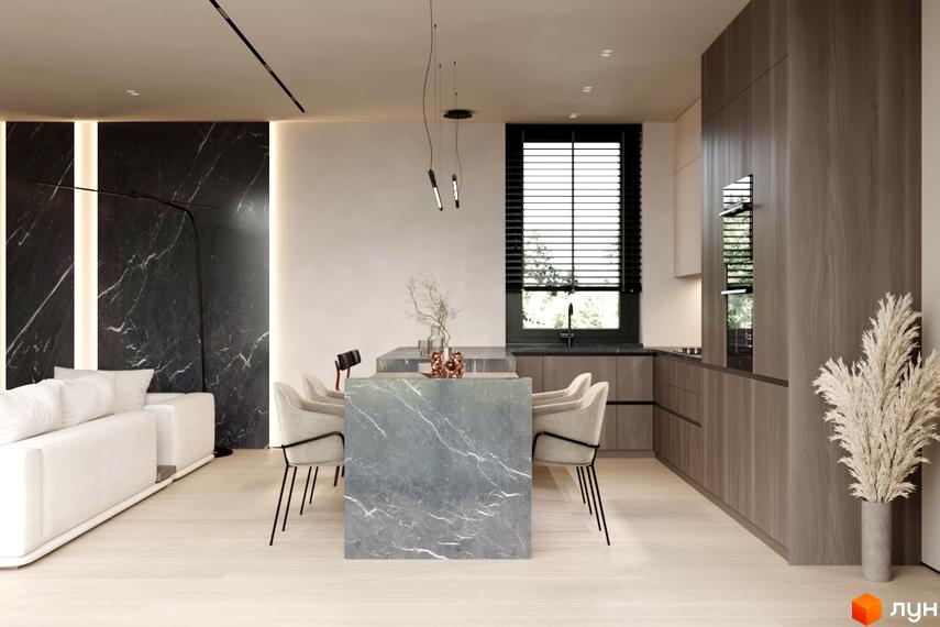 Інтер'єр кухні-вітальні в новобудові КМ NOA з мармуровою стільницею та білим диваном.