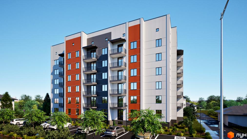 Житловий комплекс Клубний Дім: багатоповерхова новобудова з цегляними та білими фасадами, балконами та паркуванням. Навколо будинку зелені насадження та дерева.