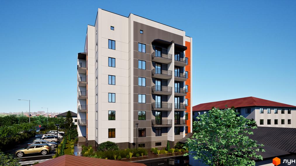 Зовнішній вигляд житлового комплексу Клубний Дім з балконами та парковкою. Новобудова з сірими та білими фасадами, поруч зелені насадження.