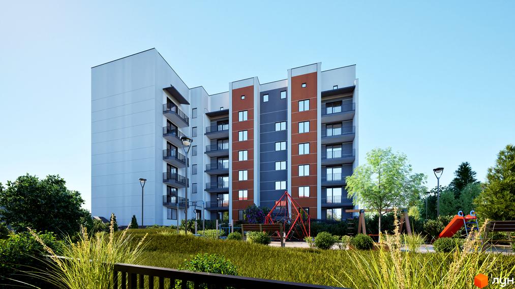 Зовнішній вигляд будинку ЖК Клубний Дім з балконами та дитячим майданчиком на прибудинковій території. Новобудова з елементами коричневого та сірого кольорів.