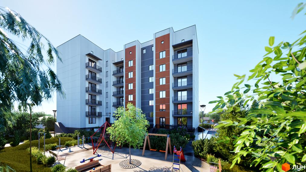 Житловий комплекс Клубний Дім з балконами та дитячим майданчиком. Зовнішній вигляд будівлі та прибудинкова територія.