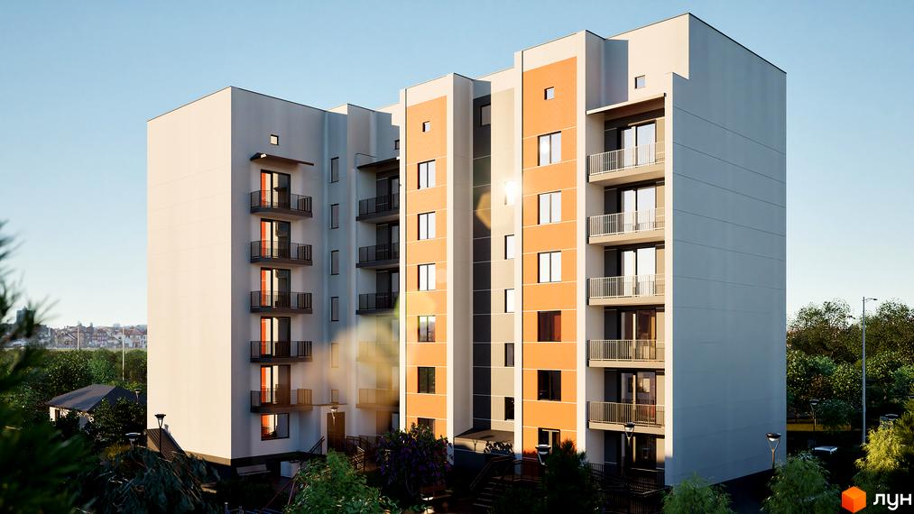 Новобудова ЖК Клубний Дім з помаранчевими та сірими фасадами, балконами та прибудинковою територією з деревами.