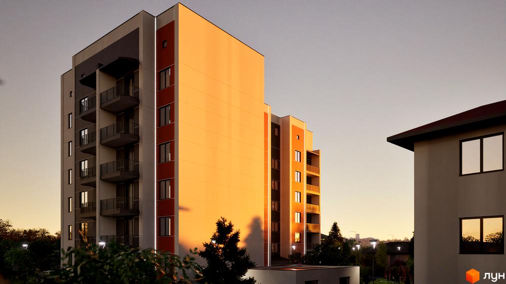 Зовнішній вигляд новобудови ЖК Клубний Дім з балконами та вікнами, освітленої сонцем. Навколо зелені дерева та ліхтарі.