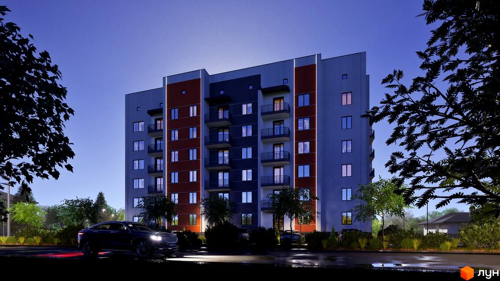 Новобудова Клубний Дім з червоними та сірими фасадами, балконами та освітленням вночі. Навколо зелені насадження та припарковані автомобілі.