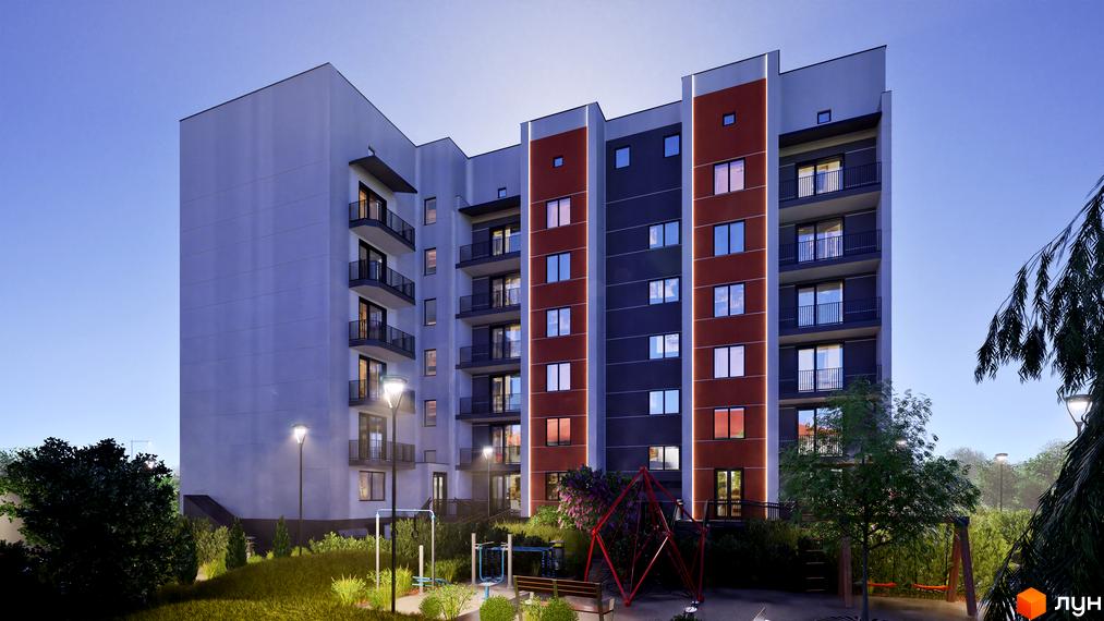 Зовнішній вигляд новобудови ЖК Клубний Дім з балконами та вікнами, прибудинкова територія з дитячим майданчиком та зеленими насадженнями.