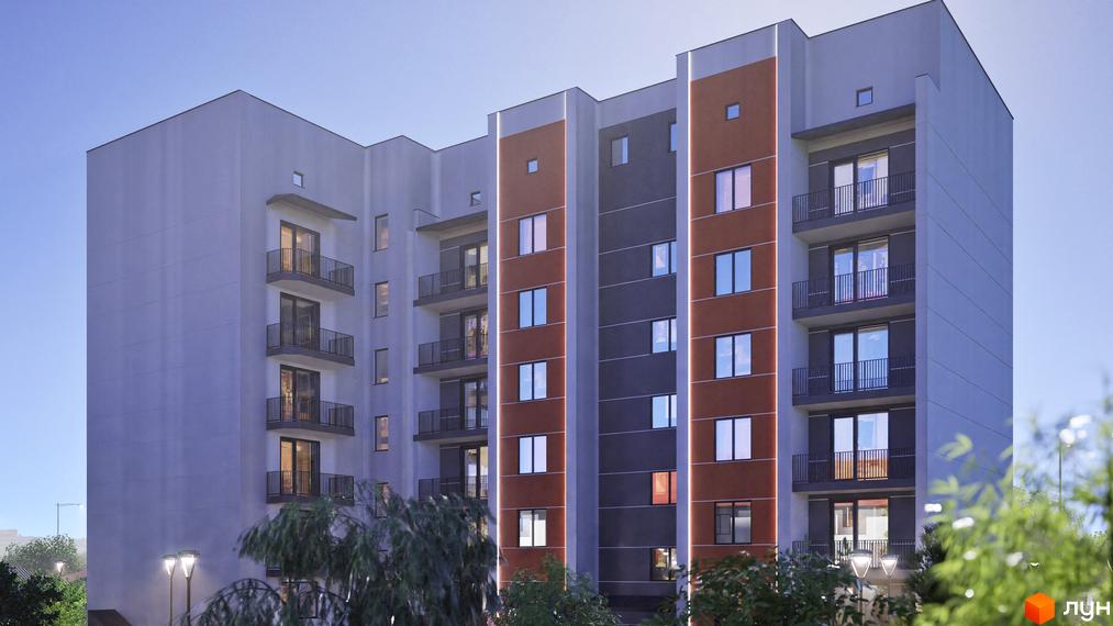 Зовнішній вигляд новобудови ЖК Клубний Дім з балконами та вікнами. Навколо будинку зелені дерева та вуличні ліхтарі.