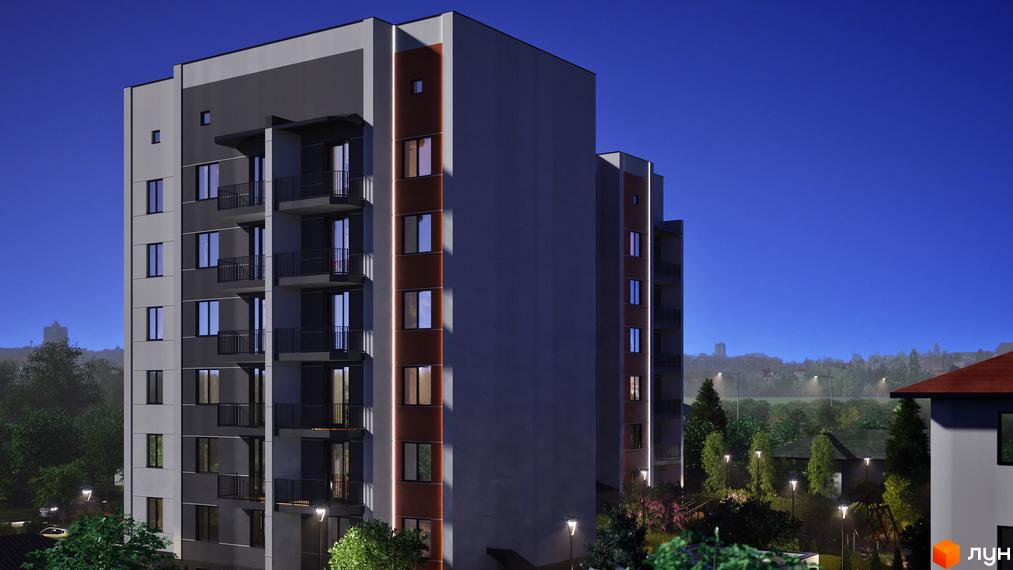 Зовнішній вигляд новобудови ЖК Клубний Дім з балконами та вікнами на тлі нічного неба. На прибудинковій території видно дерева та освітлення.