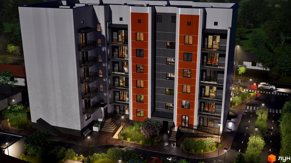 Новобудова ЖК Клубний Дім з червоними та сірими фасадами, балконами та прибудинковою територією з деревами та дорогою.