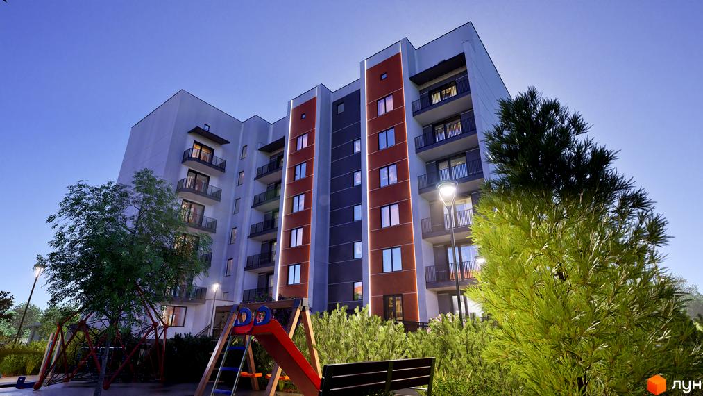 Житловий комплекс Клубний Дім з фасадом з білих, сірих та помаранчевих панелей, балконами та дитячим майданчиком.