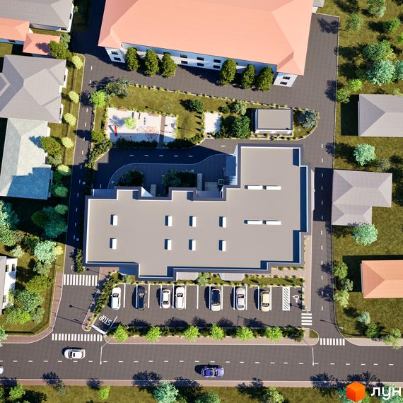 Житловий комплекс Клубний Дім з парковкою та дитячим майданчиком. Вид зверху на будівлю та прибудинкову територію.