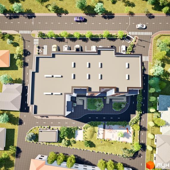 Зовнішній вигляд житлового комплексу Клубний Дім з парковкою та дитячим майданчиком. Вид зверху на новобудову та прибудинкову територію.