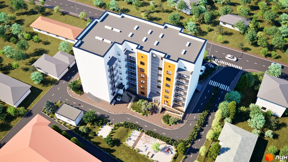 Житловий комплекс Клубний Дім – багатоповерхова новобудова з яскравими фасадами та балконами, оточена зеленим ландшафтом та дитячим майданчиком.