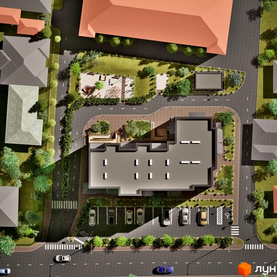 Житловий комплекс Клубний Дім з парковкою та дитячим майданчиком. Зовнішній вигляд будівлі та прибудинкової території.