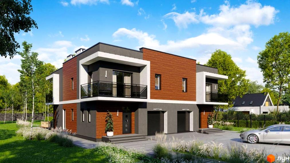 Дуплекси на Похилій: двоповерхові будинки з дерев'яними та сірими фасадами, балконами та гаражними воротами. Навколо будівель зелений газон, дерева та доглянута прибудинкова територія.