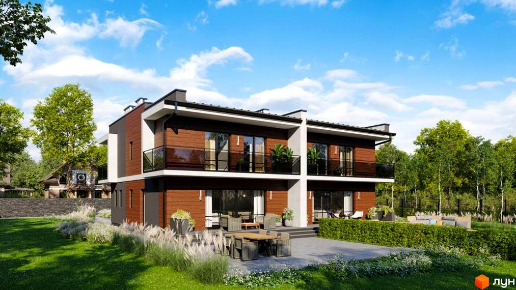 Сучасні дуплекси на Похилій з дерев'яним фасадом та скляними балконами, оточені зеленим ландшафтом з зонами відпочинку.