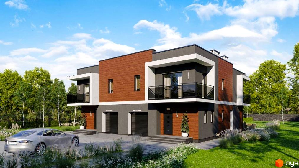 Дуплекси на Похилій: двоповерхові будинки з дерев'яним оздобленням фасаду, балконами та гаражами, поруч зелені дерева та сріблястий автомобіль.