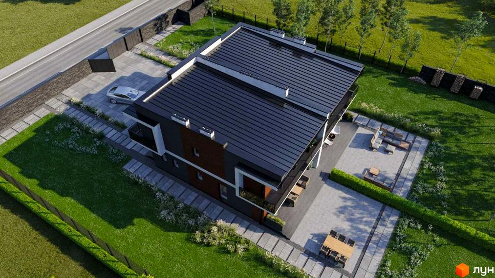 Сучасний двоповерховий будинок з пласким дахом та великими вікнами, огороджена територія з доглянутим газоном та зоною відпочинку.