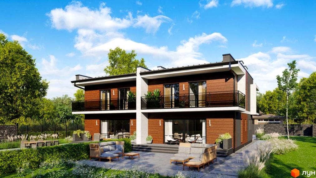 Дуплекси на Похилій: двоповерхові будинки з дерев'яним фасадом та балконами, оточені зеленню та зоною відпочинку з вуличними меблями.