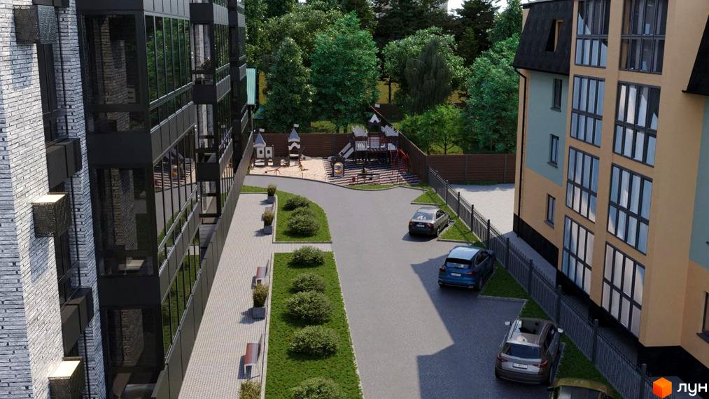 Новобудова бул. Шевченка, 22 з дитячим майданчиком та парковкою. Зовнішній вигляд будинку та прибудинкової території.